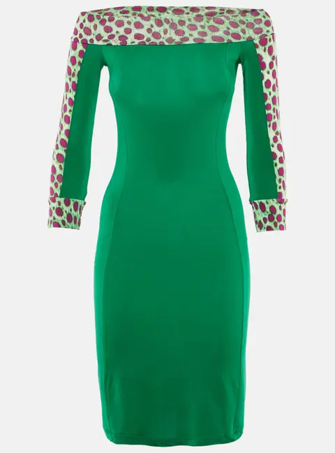 Just Cavalli Green Printed Jersey Off Shoulder Mini Dress S
