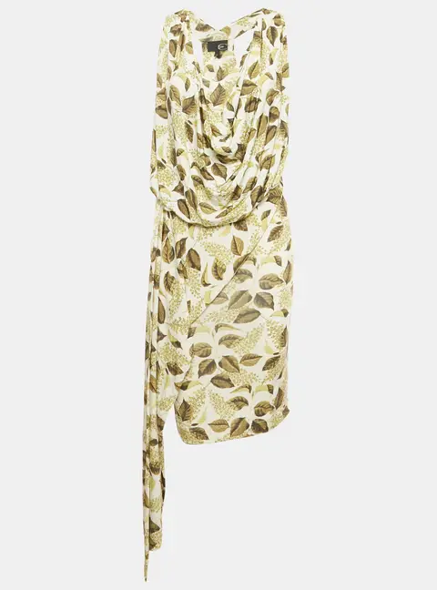 Just Cavalli White Leaf Print Jersey Draped Dress M