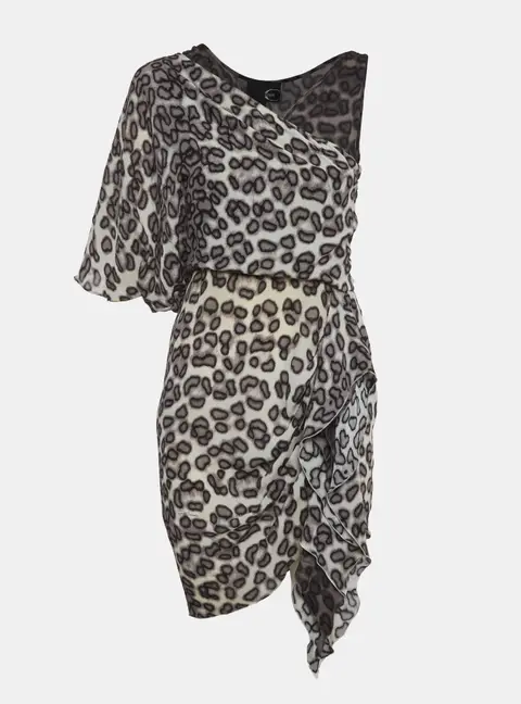 Just Cavalli Leopard Print Crepe Asymmetric Mini Dress S