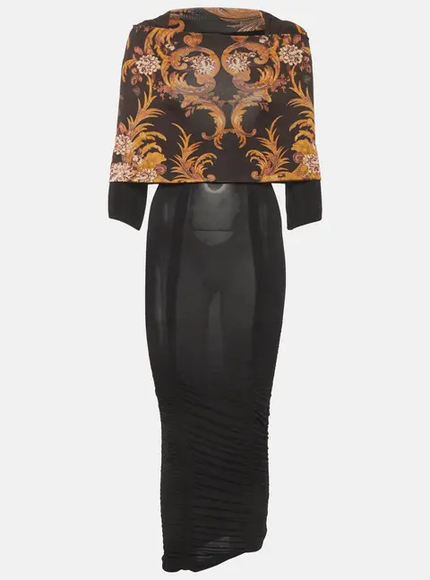 Just Cavalli Black Floral Print Jersey Ruche Midi Dress S