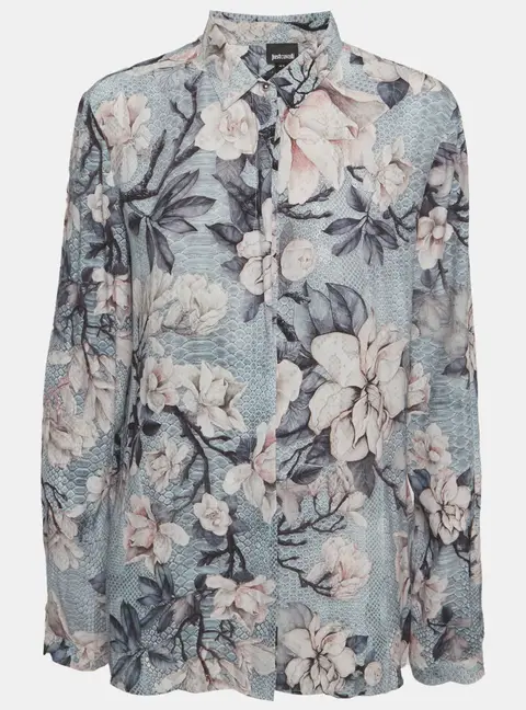 Just Cavalli Blue Floral Print Crepe Shirt M