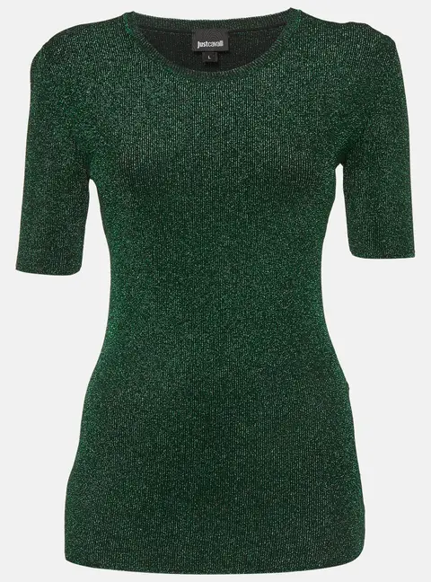 Just Cavalli Green Lam&eacute; Knit Crewneck Top L