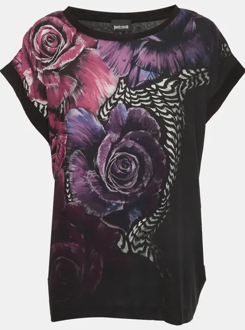Roberto Cavalli Black Floral Print Jersey T-Shirt L