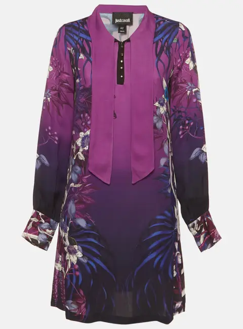 Just Cavalli Purple Printed Crepe Neck Tie Detail Mini Dress M