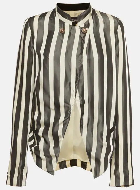 Just Cavalli Black & Cream Striped Crepe Open Front Blazer M