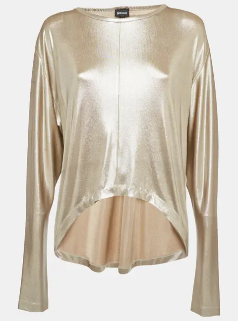 Just Cavalli Metallic Gold Jersey Long Sleeve Asymmetric Hem Top M