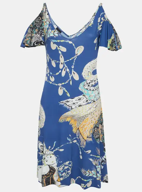 Just Cavalli Blue Printed Jersey Knee Length Dress L