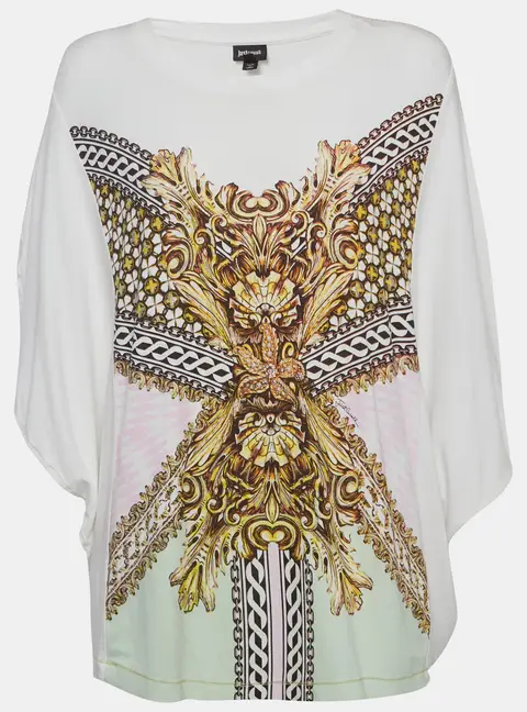 Roberto Cavalli White Printed Jersey Kimono Sleeve Top L