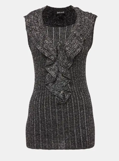 Just Cavalli Silver/Black Lurex Knit Ruffled Lace-Up Top L