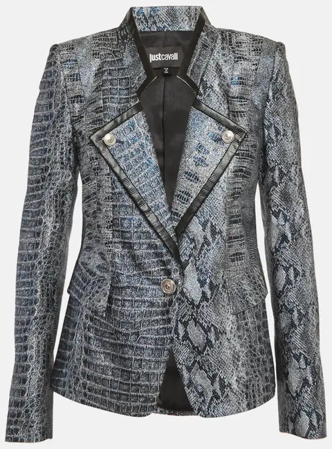 Just Cavalli Metallic Blue Snakeskin Jacquard Blazer M