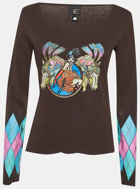 Just Cavalli Brown Graphic Print Argyle Patterned Sleeves Top L