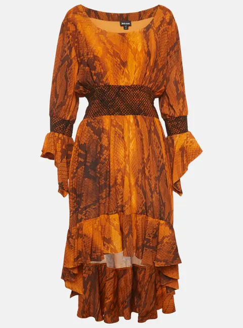 Just Cavalli Orange Snake Skin Print Crepe Asymmetric Hem Midi Dress M