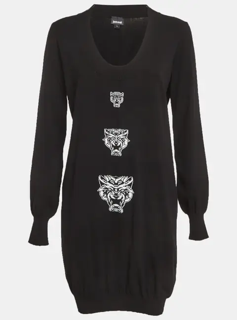 Just Cavalli Black Logo Intarsia Knit Sweater Dress L