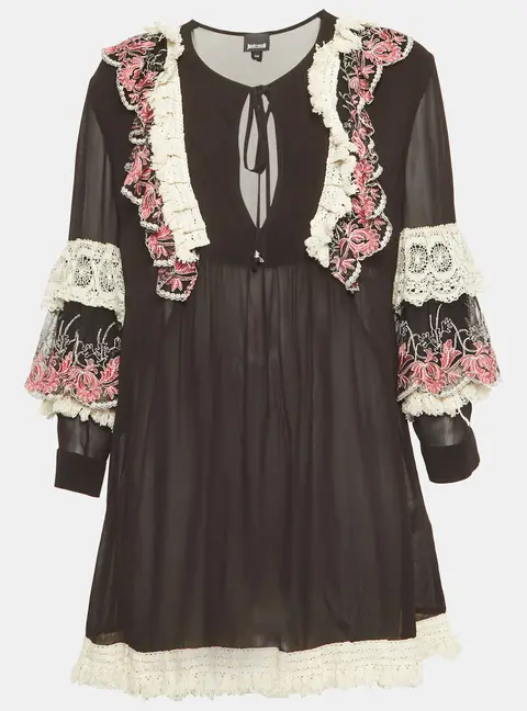Just Cavalli Black Chiffon Lace Detail Tunic Dress M