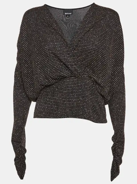 Just Cavalli Black Glitter Print Knit Faux Wrap Top M