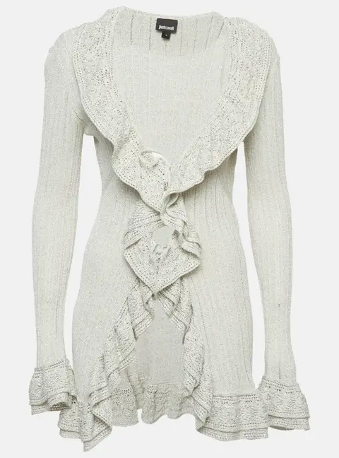 Just Cavalli Metallic Grey Lurex Knit Ruffle Cardigan L
