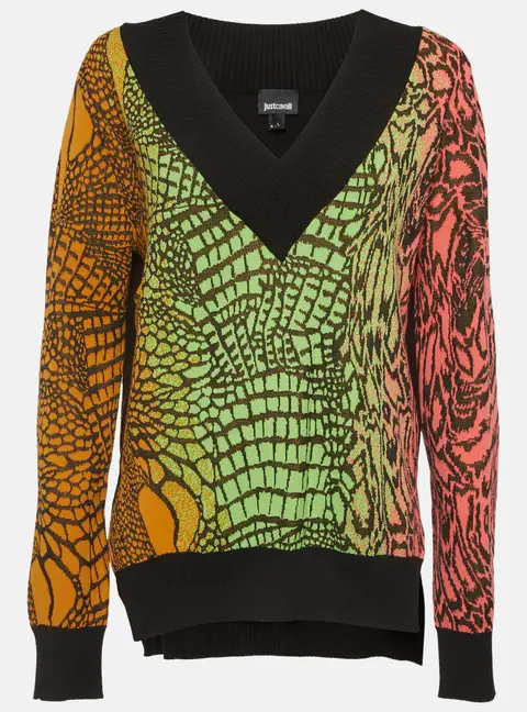 Just Cavalli Multicolour Animal Pattern Knit V-Neck Sweater L