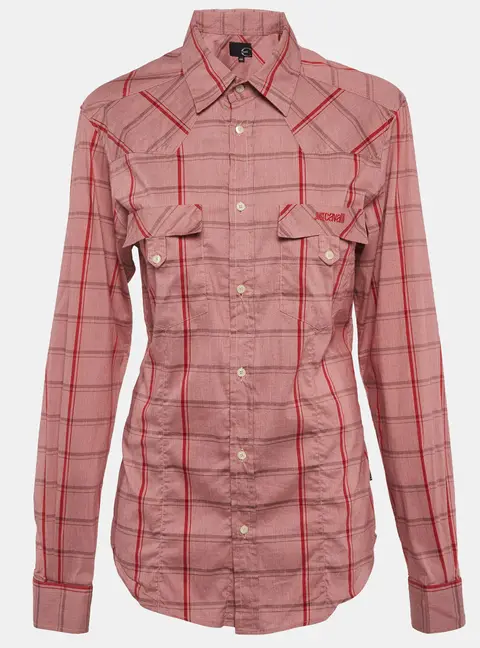 Just Cavalli Red Plaid Print Stretch Cotton Button Up Shirt L