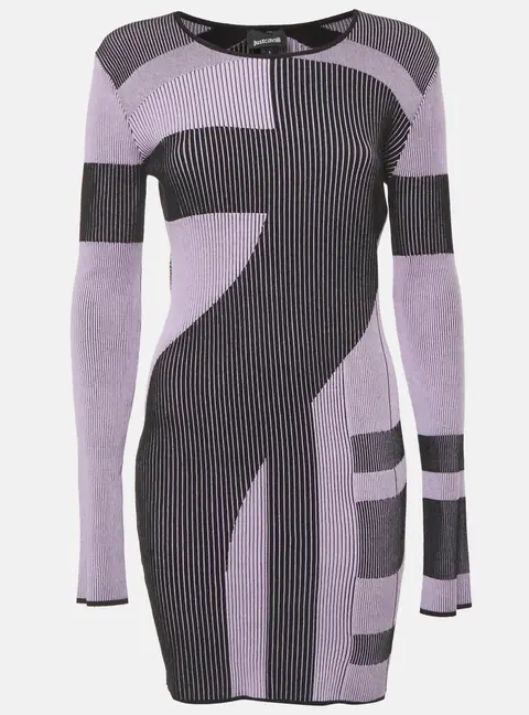 Just Cavalli Black/Lilac Patterned Rib Knit Mini Dress L