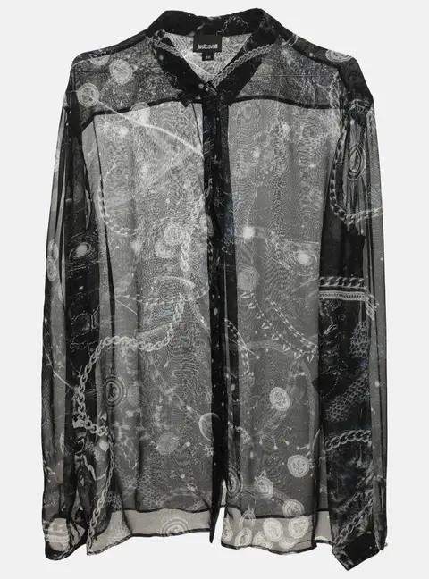 Just Cavalli Black Multicolor Printed Chiffon Long Sleeve Shirt XL