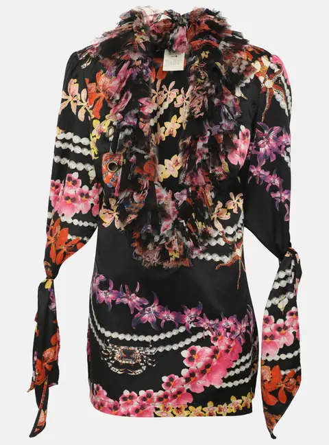 Just Cavalli Multicolor Printed Satin Ruffled Neck Blouse M