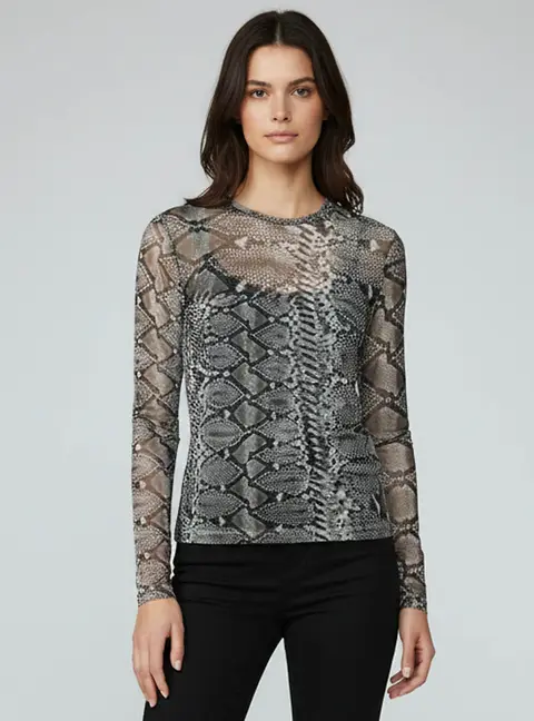 Just Cavalli Monochrome All Over Snakeskin Print Mesh Sheer Top L