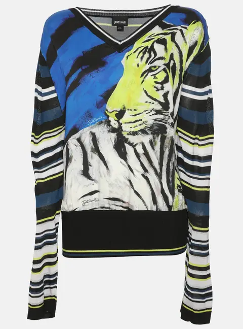 Just Cavalli Multicolor Printed Jersey V Neck Sweater XXL