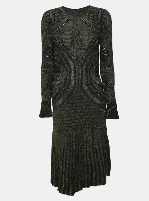 Just Cavalli Gold/Black Lurex Knit Pleated Midi Dress M