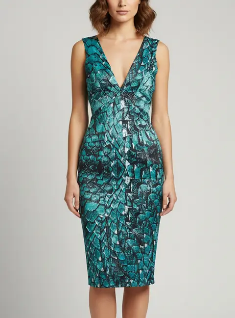 Just Cavalli Teal Python Scale Print Satin V-Neck Dress S