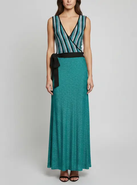 Just Cavalli Green Striped Lurex Knit Surplice Maxi Dress M