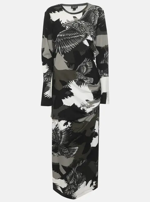 Just Cavalli Multicolor Eagle Printed Jersey Ruched Midi Dress L