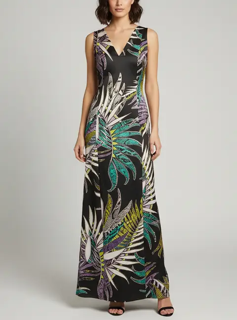 Just Cavalli Black Satin Leaf Snakeskin Print Satin Maxi Dress M