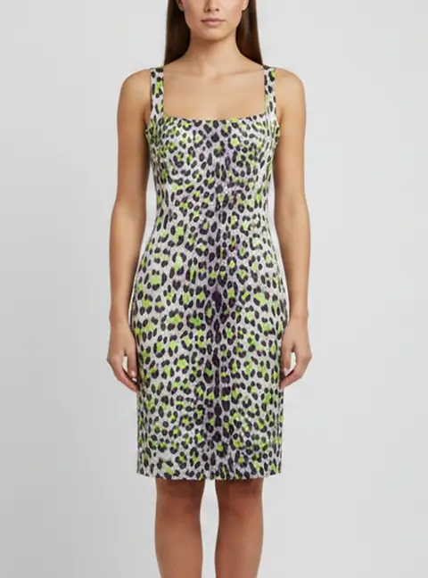 Just Cavalli Neon Leopard Print Stretch Cotton Sleeveless Mini Dress M