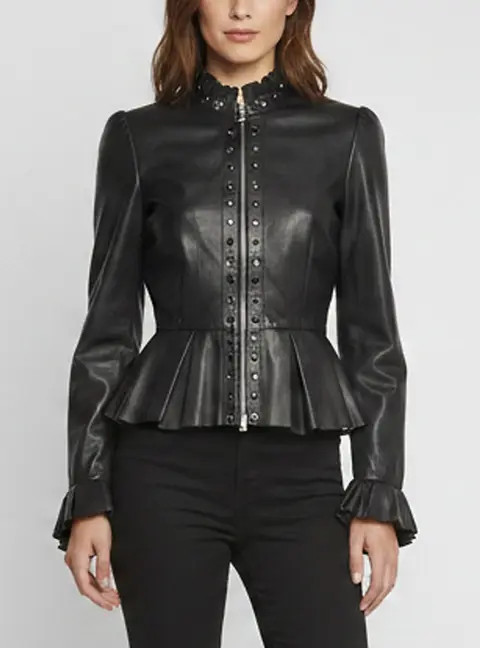 Just Cavalli Black Leather Embellished Zip Up Jacket M
