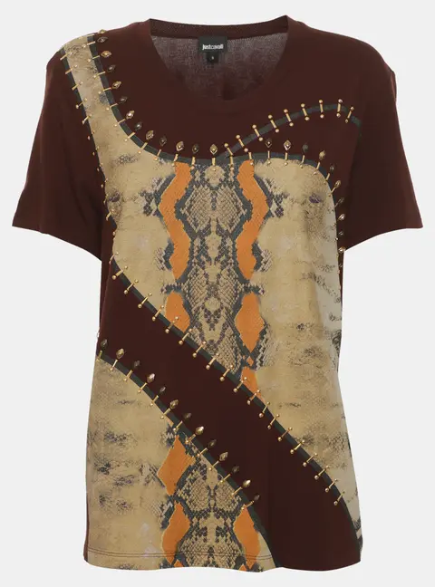 Just Cavalli Brown Multicolor Snake Print Jersey Studded Tops S