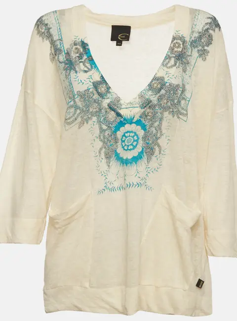 Just Cavalli Cream/Blue Floral Print Knitted V Neck Jumper S