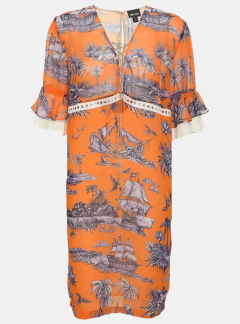 Just Cavalli Tropical Pirate Print Chiffon Ruffle Sleeve Shift Dress M