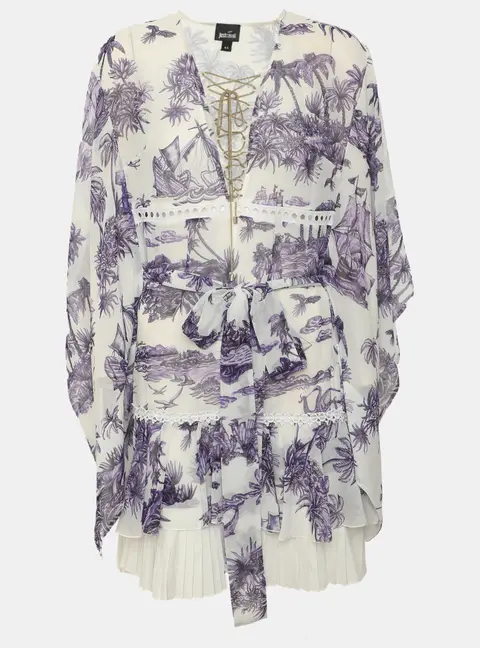 Just Cavalli White/Purple Tropical Palm Print Chiffon Ruffle Mini Dress M