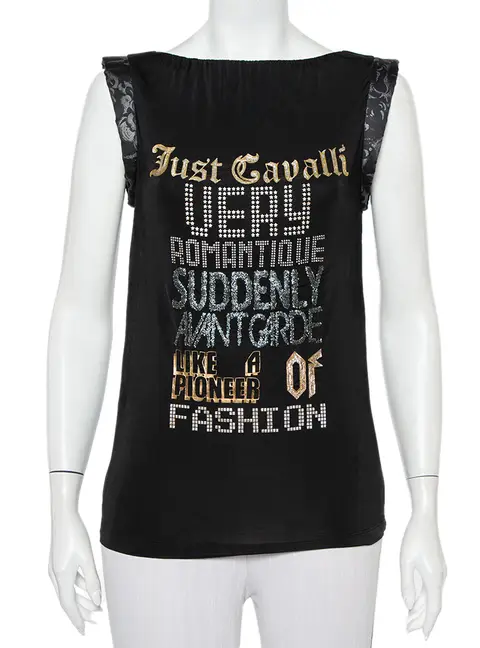 Just Cavalli Black Printed Jersey Puffed Armhole Detail T-Shirt S