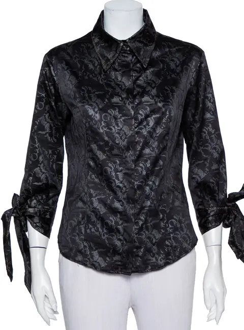 Just Cavalli Black Printed Satin Sleeve Tie Detail Shirt M