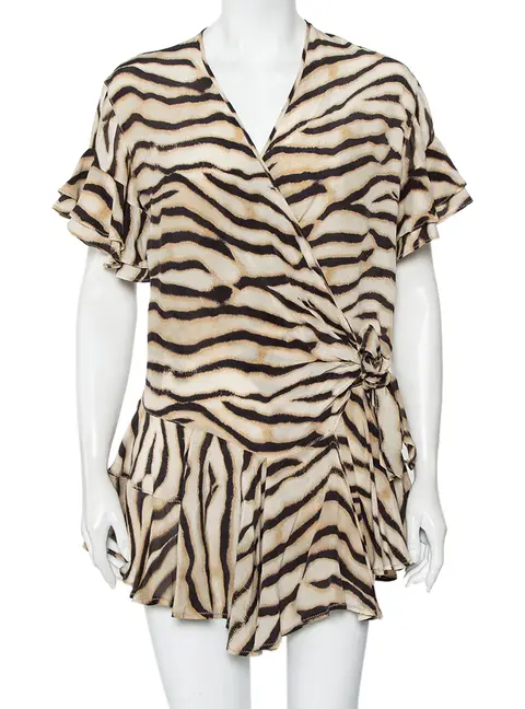 Just Cavalli Beige Animal Printed Silk Ruffled Mini Wrap Dress S