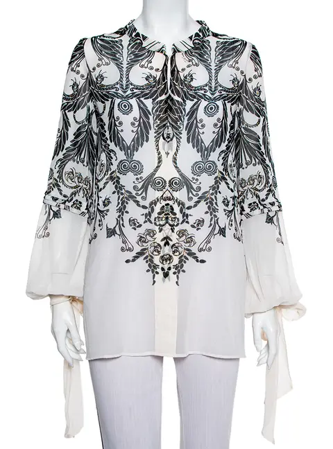 Just Cavalli Monochrome Printed Silk Sleeve Tie Detail Top M