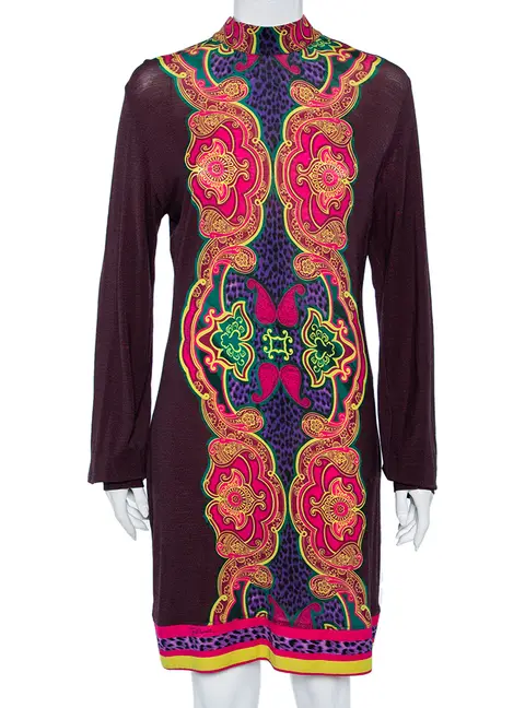 Just Cavalli Brown Printed Wool Knit Shift Dress L