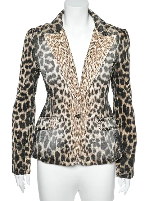 Just Cavalli Brown Animal Printed Denim Button Front Blazer S