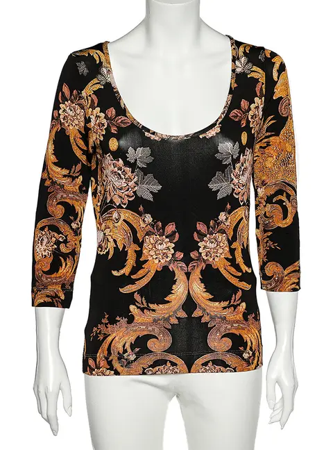 Just Cavalli Black Floral Printed Jersey Scoop Neck T-Shirt XL