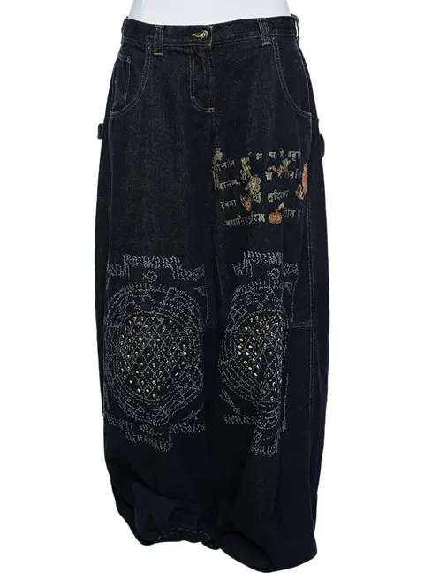 Just Cavalli Navy Blue Painted Denim Flared Leg Jeans L