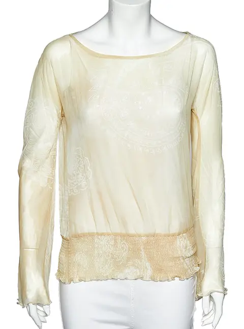 Just Cavalli Pale Yellow Printed Crepe Elasticized Hem Blouse M