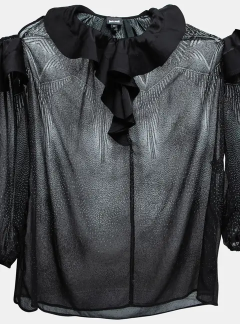 Just Cavalli Black Printed Chiffon Ruffle Trimmed Cold Shoulder Blouse M