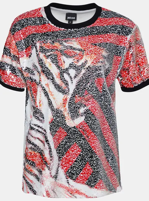 Roberto Cavalli Multicolor Animal Pattern Sequined Crew Neck Top M