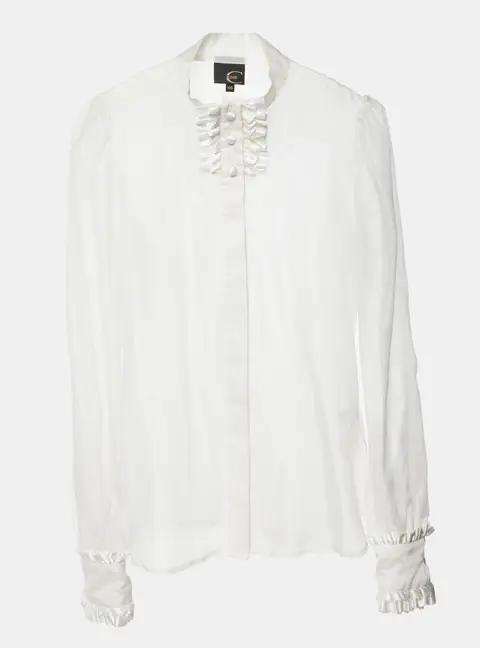 Just Cavalli White Silk Organza Ruffled Sheer Blouse L